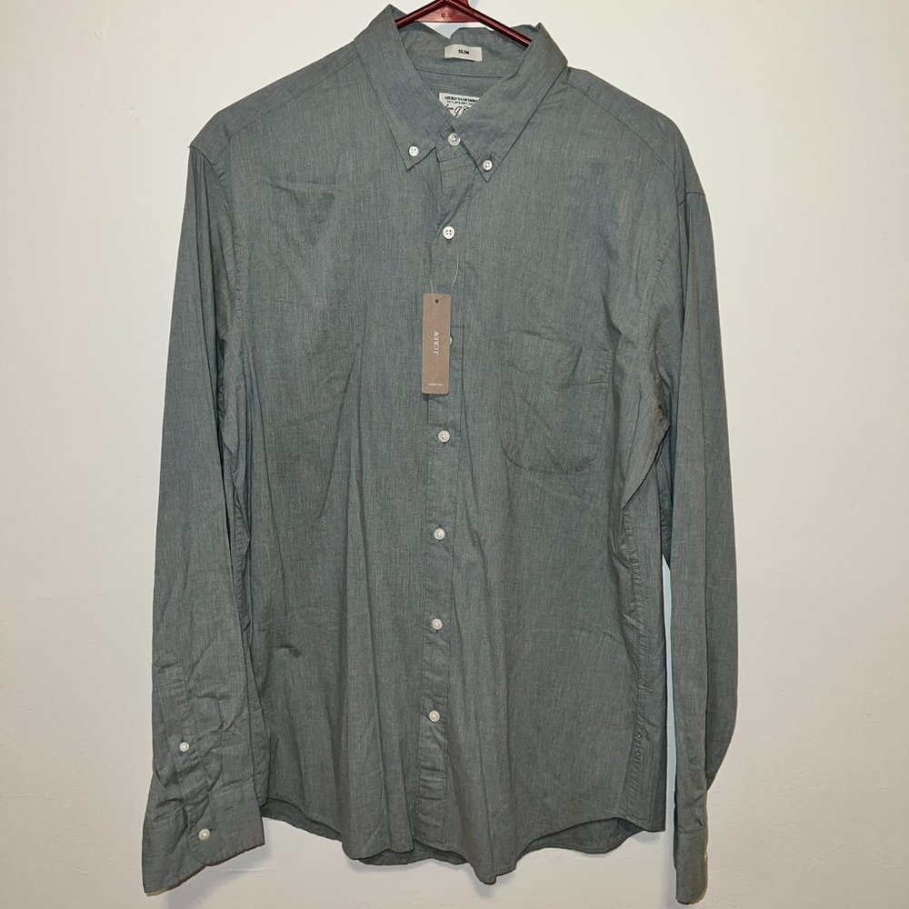 Lg - J. Crew Slim Stretch shirt - Faded Olive Heather - Organic Cotton